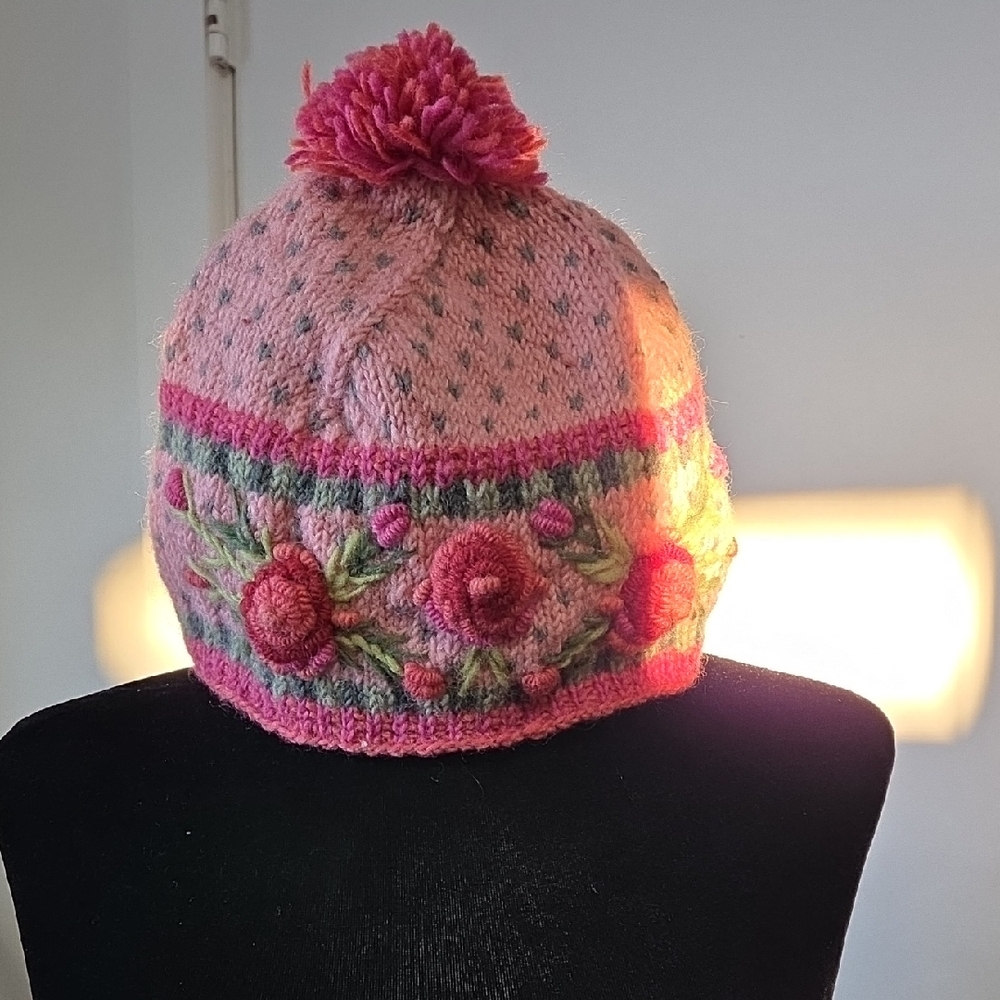 Pink Floral Knit Beanie